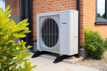 Outdoor air conditioner unit installed in front of a house.