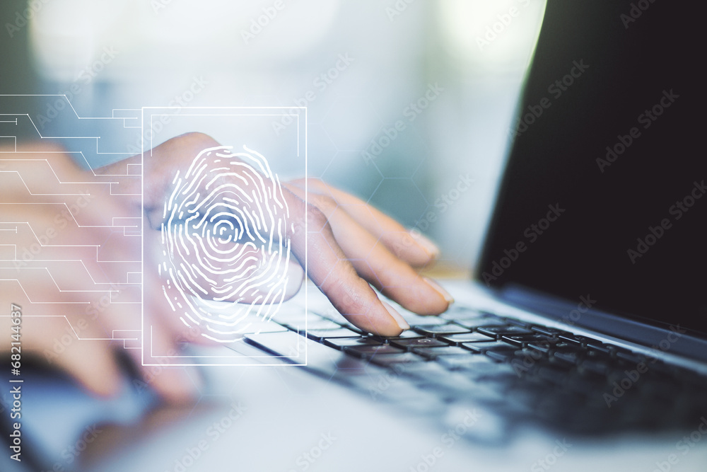 Poster abstract creative fingerprint concept with hands typing on laptop on background. multiexposure