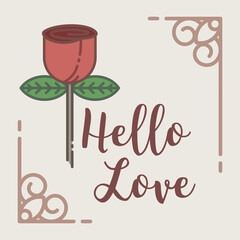 Digital png illustration of beige card with hello love text and red rose on transparent background