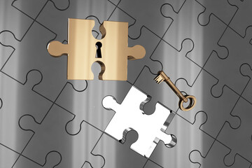 Digital png illustration of gold puzzle with key hole and key on transparent background
