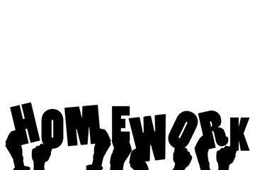 Digital png illustration of hands and homework text on transparent background