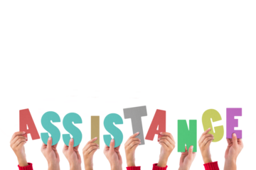 Digital png illustration of hands and assistance text on transparent background