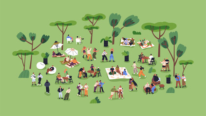 Characters relaxing in park on summer holiday. Tiny people resting at open-air festival in nature, meeting, gathering outside. Outdoor relaxation, picnic, weekend leisure. Flat vector illustration - obrazy, fototapety, plakaty