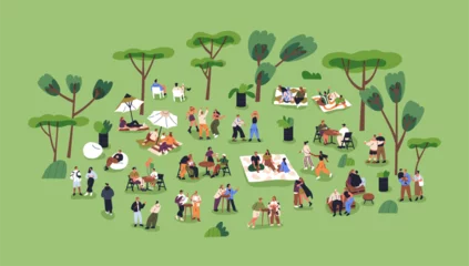 Foto op Plexiglas Characters relaxing in park on summer holiday. Tiny people resting at open-air festival in nature, meeting, gathering outside. Outdoor relaxation, picnic, weekend leisure. Flat vector illustration © Good Studio