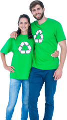 Digital png photo of caucasian couple with t-shirts with recycling sign on transparent background