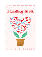 Digital png illustration of postage stamp, sending love text, heart flower on transparent background