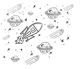 Digital png illustration of rocket, planets and asteroids on transparent background