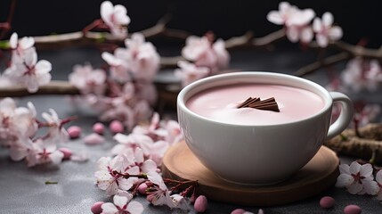 a cup of pink chocolate drink topping with crush chocolate bar, with cherry blossom branch, romantic fairytale atmosphere, generative Ai