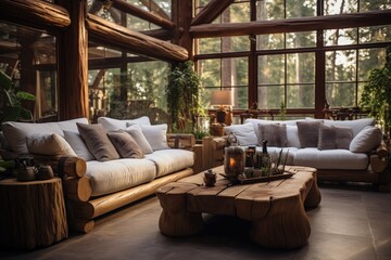 photograph of A rustic style living room decorate made from large pine logs wide angle lens realistic daylight white --ar 3:2 --stylize 250 --v 5.2 Job ID: e17b0d02-c909-4b76-bf21-9089e83923c4 - obrazy, fototapety, plakaty