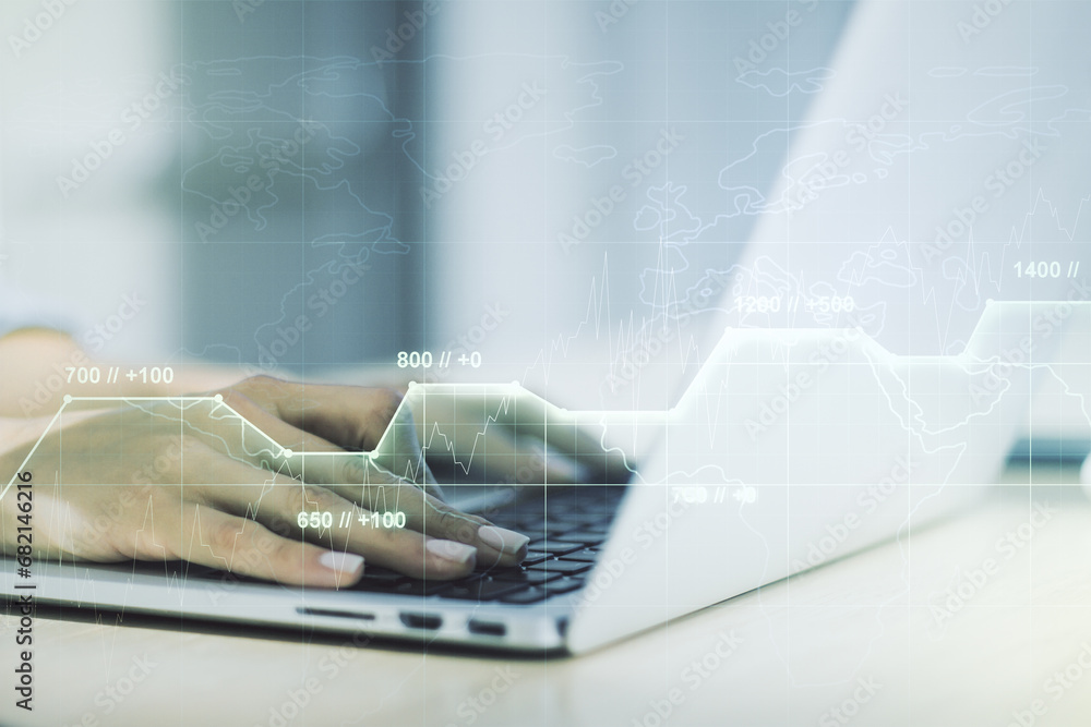 Poster double exposure of abstract creative statistics data hologram with hands typing on laptop on backgro