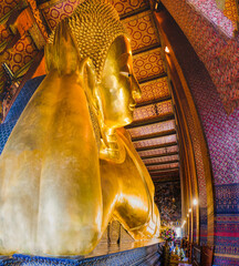 The world's oldest golden reclining Buddha at Wat Pho, Bangkok, Thailand