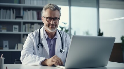Doctor making video call using zoom meeting online app via laptop computer in medical office.
