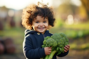 Smiling child holding a large piece of broccoli in hand.
