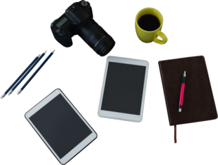 Digital png illustration of digital devices with copy space on transparent background