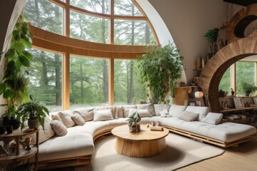 The rustic-style living room is decorated with a large pine circle on the wall.