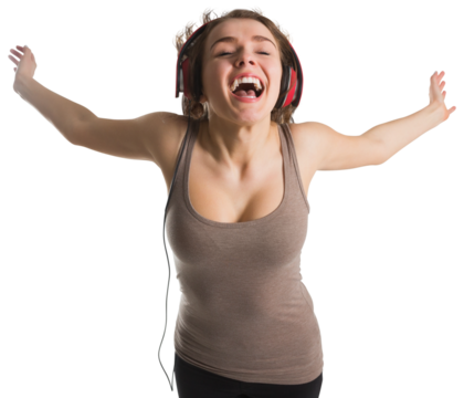 Digital png photo of happy caucasian woman listening to music and jumping on transparent background