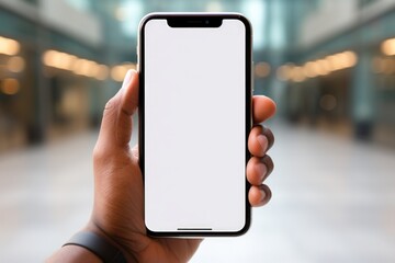 Young woman hands holding cell phone finger touching on mockup white blank display.