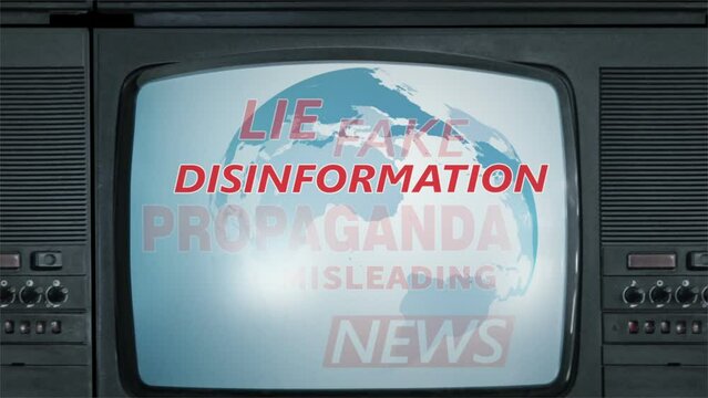 Set of retro TV. Fake news on TV screen. Broadcast, trolling, false information, hoax, propaganda, lie, information and disinformation concept. Zoom out.