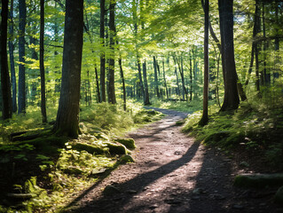 Tranquil Forest Path with Dappled Sunlight Filtering