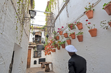 Alley of the old town of Cordoba with out of focus cook. Spain