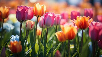 Colorful tulips close-up on a sunny day - obrazy, fototapety, plakaty