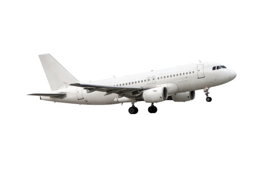 Take off a white passenger airplane isolated