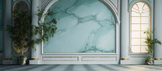 In the old vintage interior, the white marble wall, adorned with intricate lines and a textured design, complimented the retro blue and green floor, creating a luxurious atmosphere that blended - obrazy, fototapety, plakaty