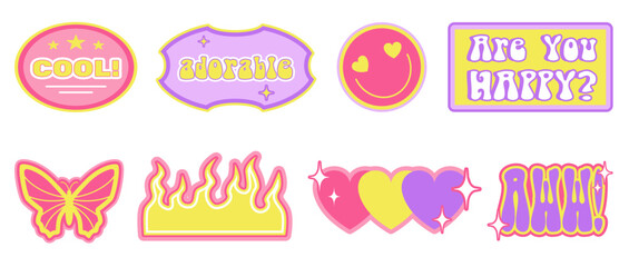 Valentine's Day sticker pack in Y2K retro aesthetic, set of cute drawings, hearts, butterfly, face and abstract forms with short cheerful phrases. Vector illustration.