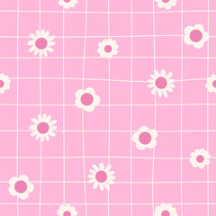 Pink y2k floral patern with hand drawn grid. Doodle daisy flowers on plaid seamless background. Girly texture for card, cover, wallpaper, wrapping paper design