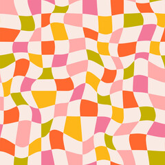 Colorful checkered seamless pattern. 90s y2k optical illusion grid background. Distorted trippy checkerboard texture. Psychedelic geometric squares