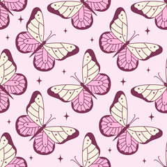 Cute pink seamless pattern with butterfly and stars decor in y2k style. Beautiful girly insect background. Coquette texture, wallpaper, wrapping paper, cover design. Vector illustration.