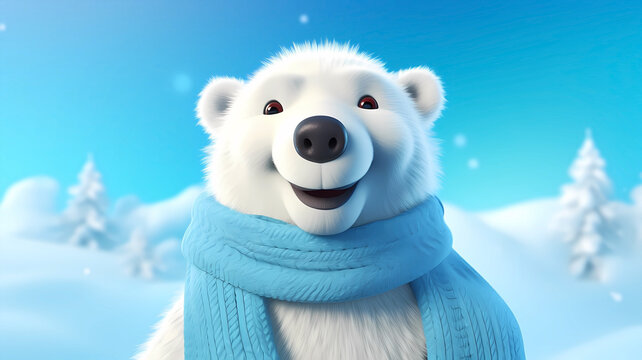 Hand drawn cartoon illustration of cute polar bear wearing scarf
