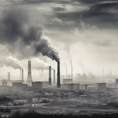 Thick smoke belching from factory chimneys against a grey sky. Environmental pollution. Plumes of smoke, an industrial area with environmental contamination concept