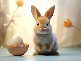 Fototapeta na wymiar Cute bunny with Easter eggs in eggshell shaped basket on light blurred background