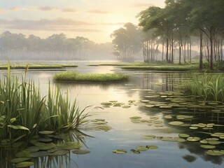 wetland at dawn, showcasing the lush green vegetation, delicate water reflections, and misty atmosphere