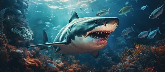 Fototapeta premium During their summer travel to a beautiful tropical destination, they immersed themselves in the crystal-clear blue ocean water, witnessing the mesmerizing underwater life of colorful fish and awe