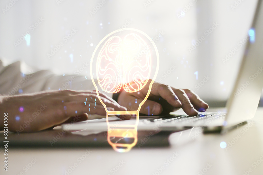 Poster creative idea concept with light bulb and human brain illustration and with hands typing on laptop o