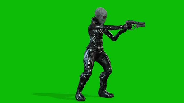 Grey alien wearing a space suit and holding a sci-fi gun aiming on green screen, seamless loop 3D animation, side view