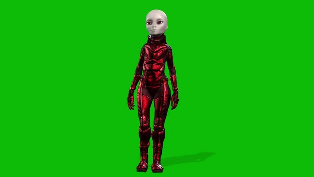 Grey female alien wearing a space suit standing idle on green screen, seamless loop 3D animation, front view