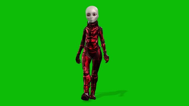 Grey female alien wearing a space suit walking on green screen, seamless loop 3D animation, front view