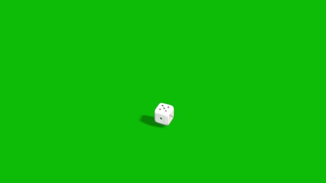 Casino white dice rolling and landing on number 2 on green screen 3D animation