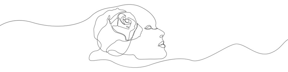 Woman's face with a rose icon line continuous drawing vector. One line Beauty woman icon vector background. Face with flower icon. Continuous outline of Facial tenderness icon.