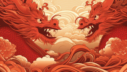 2024 chinese new year dragon in red and white design, happy lunar new year background - obrazy, fototapety, plakaty