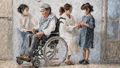 wheelchari nursing care illustration family - obrazy, fototapety, plakaty