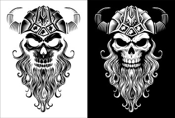 A Viking skull skeleton warrior or barbarian gladiator man mascot face looking strong wearing a helmet. In a retro vintage woodcut style.