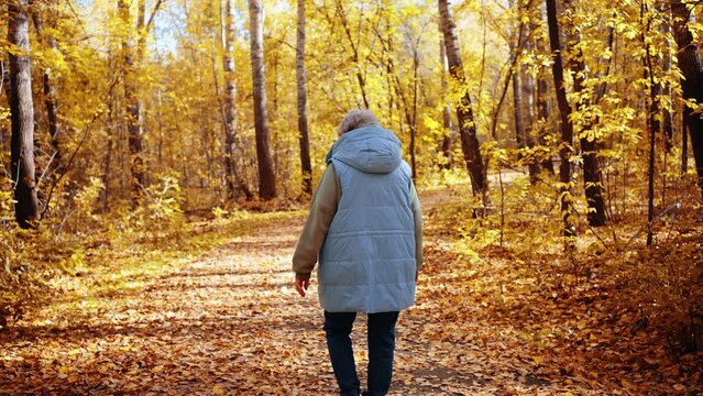 Senior woman walking in the park in autumn