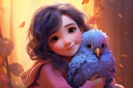 3D art illustration of asian cute little girl with violet hair hugging her bird pet, in pastel colors, pink and blue background. Animation cartoon charecter. Generative AI