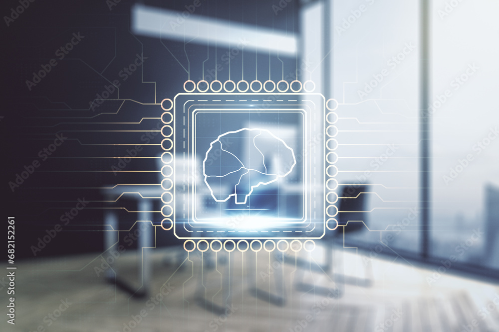 Poster creative artificial intelligence concept with human brain hologram and modern desktop with computer 