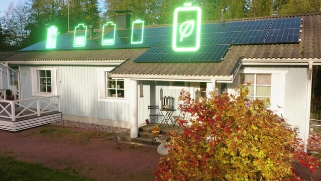 Photovoltaic cells on a roof charging solar energy to batteries - CGI overlay