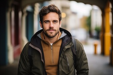 Fototapeta premium Handsome smiling, happy and pleased man with positive vibes. Human person dressed in fashionable, colorful and fun clothes. Generative AI, AI